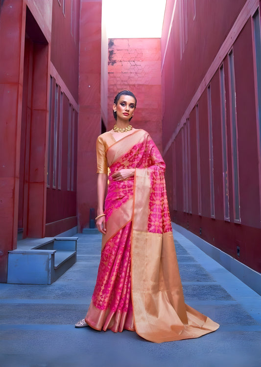 EKKTARA Saree For Women French Rose Patola Silk Saree