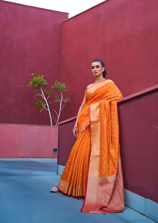 EKKTARA Saree For Women Tangerine Orange Patola Silk Saree