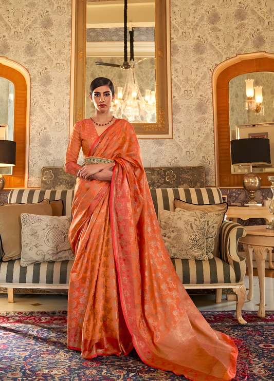 EKKTARA Saree For Women Apricot Orange Handloom Weaving Silk Saree