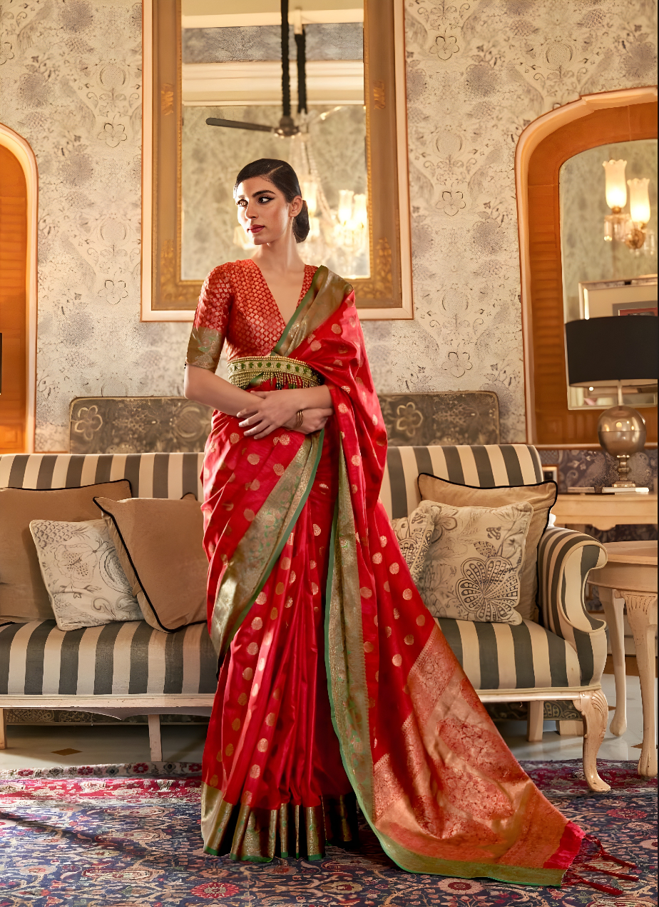 EKKTARA Saree For Women Ferrari Red Handloom Weaving Silk Saree