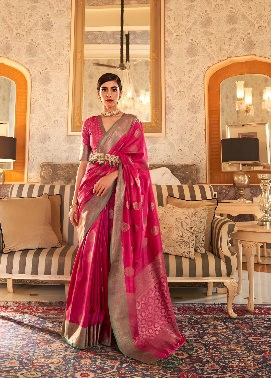 EKKTARA Saree For Women Hot Pink Handloom Weaving Silk Saree
