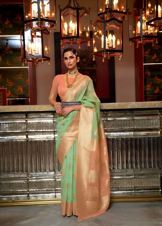 EKKTARA Saree For Women Mint Green Pure Linen Weaving Silk Saree