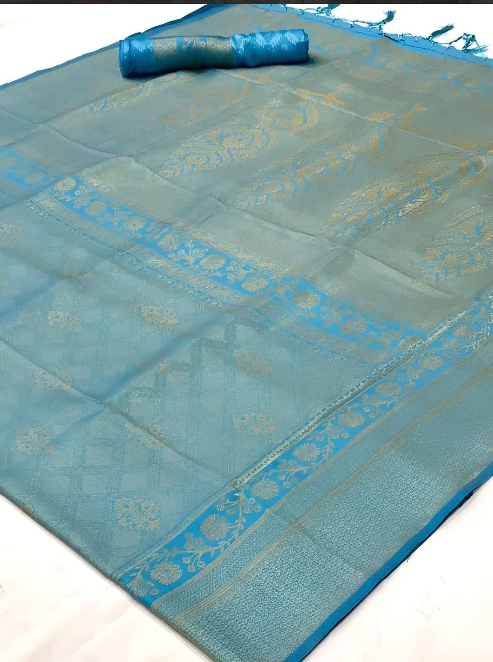 EKKTARA Saree For Women Turkish Blue Handloom Weaving Silk Saree