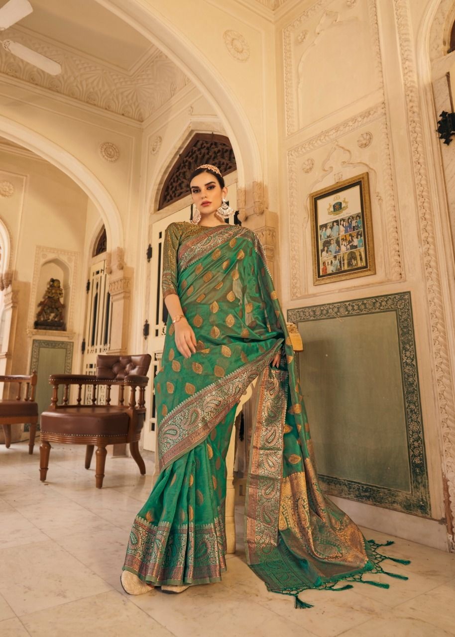 EKKTARA Saree For Women Jade Green Silk Organza Saree