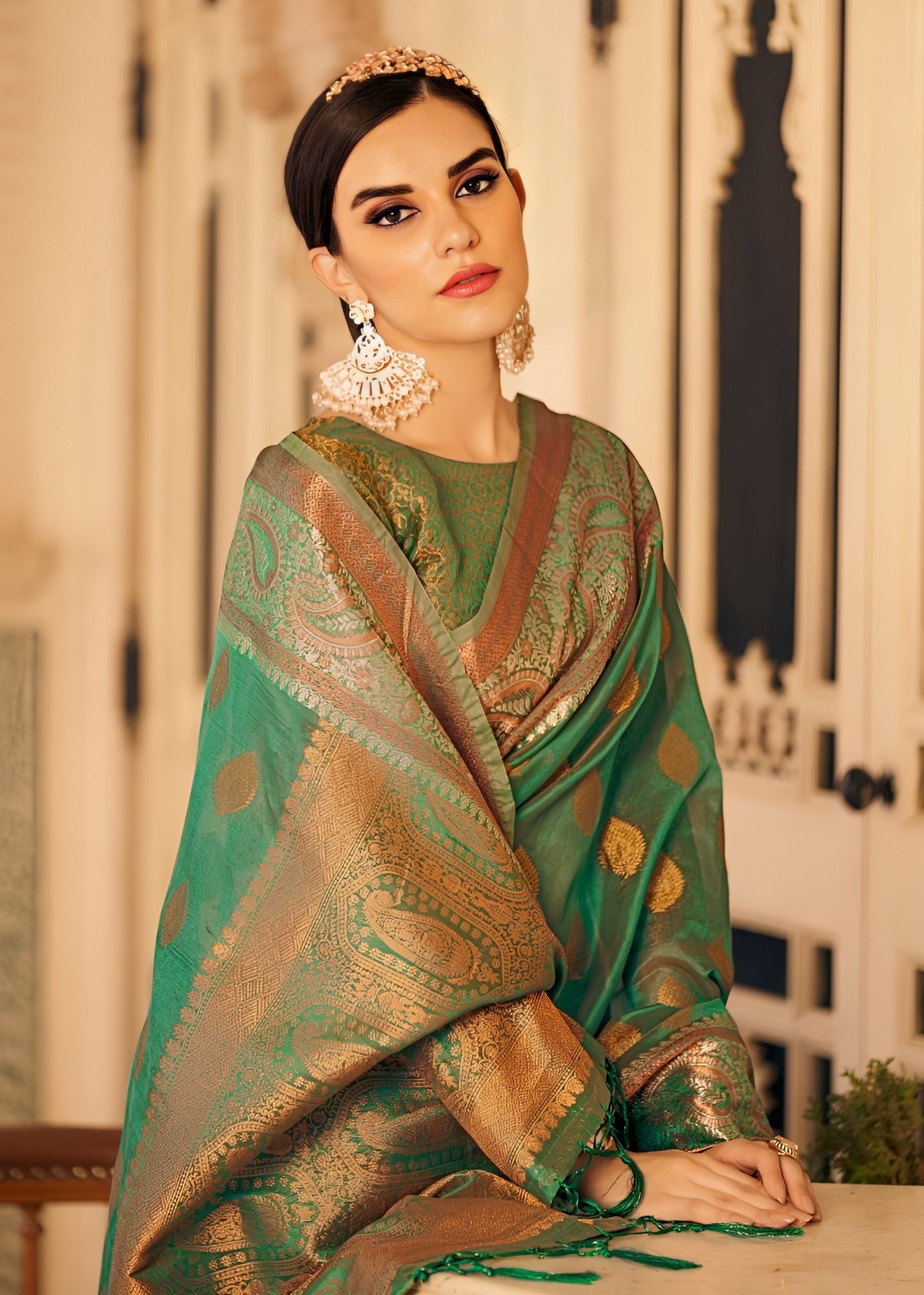 EKKTARA Saree For Women Jade Green Silk Organza Saree