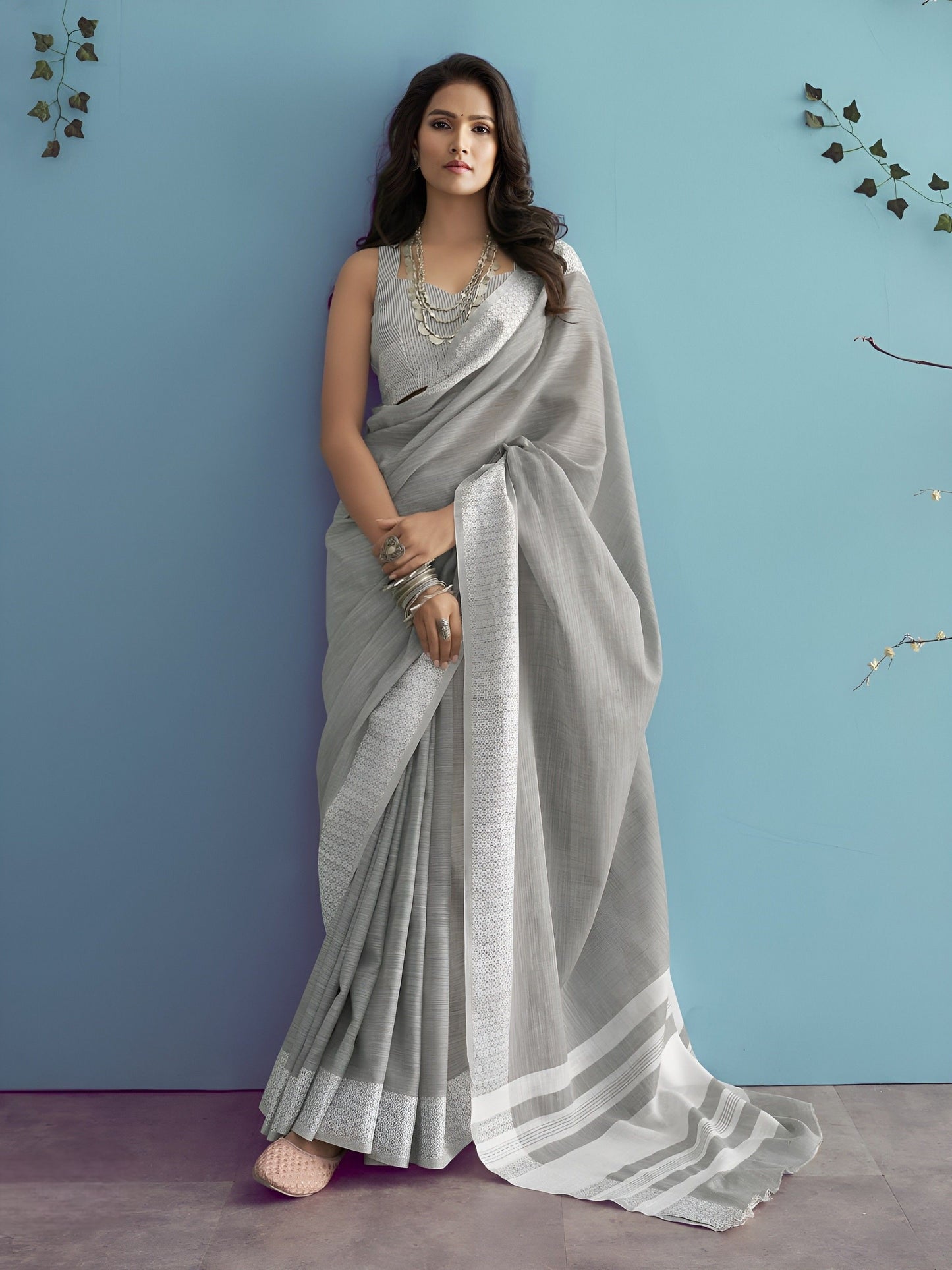 EKKTARA Saree For Women Perl Grey Linen Silk Chikankari Border Weaving Saree