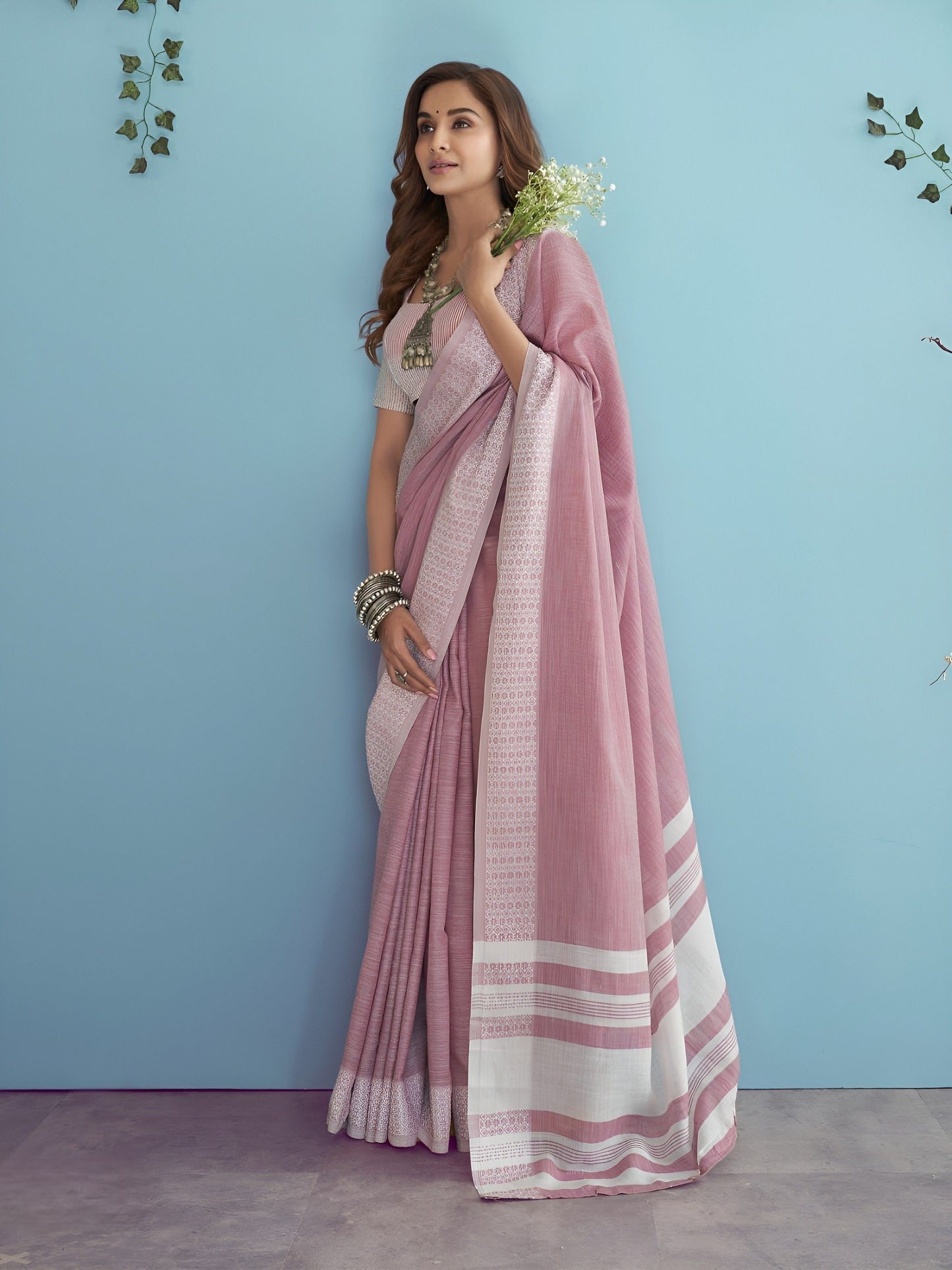 EKKTARA Saree For Women Carnation Pink Linen Silk Chikankari Border Weaving Saree