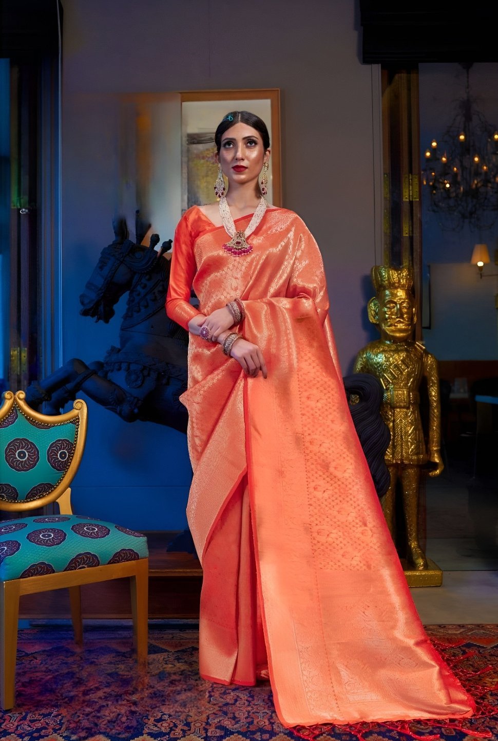 EKKTARA Saree For Women Hot Orange Silk Handloom Weaving Saree