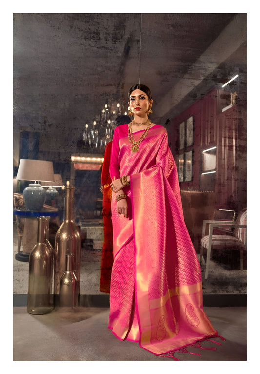 EKKTARA Saree For Women Trendy Pink Silk Handloom Weaving Saree