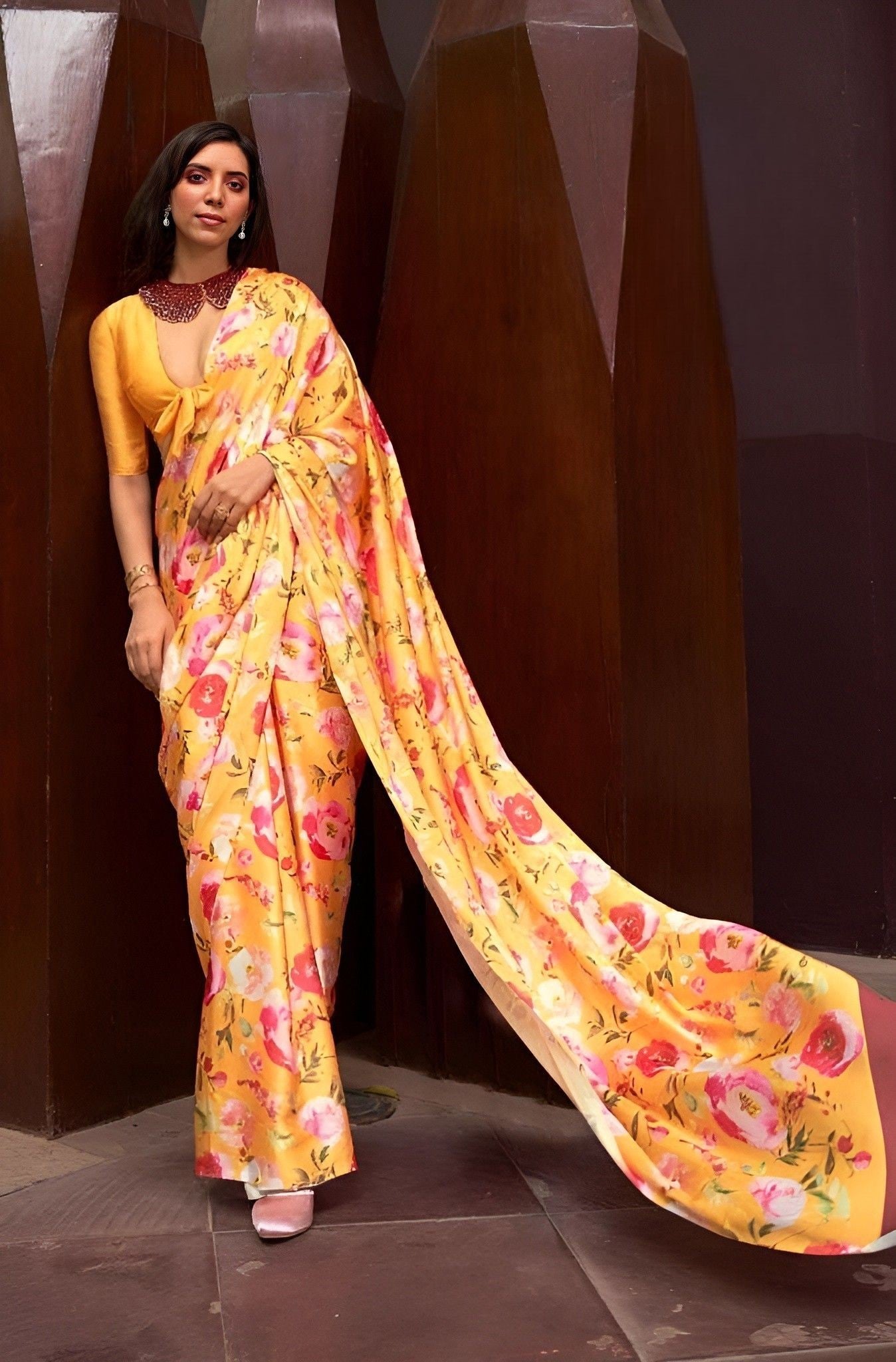 EKKTARA Saree For Women Yellow Digital Printed Satin Saree