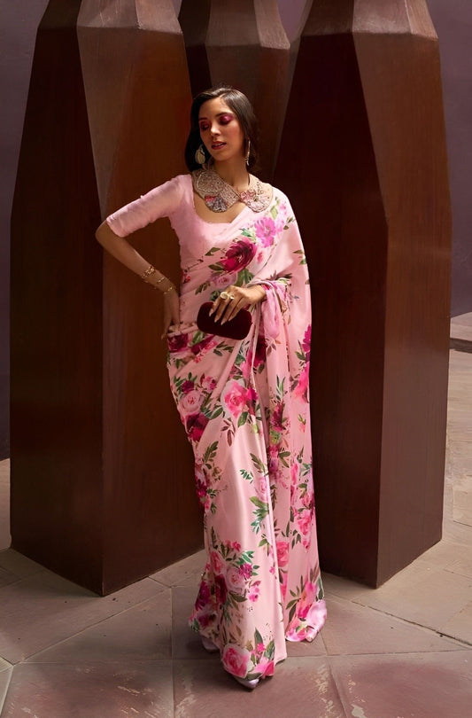 EKKTARA Saree For Women Floral Pink Digital Printed Satin Saree