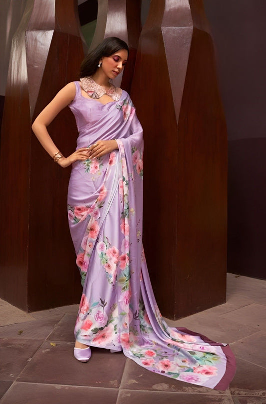 EKKTARA Saree For Women Orchid Violet Digital Printed Satin Saree