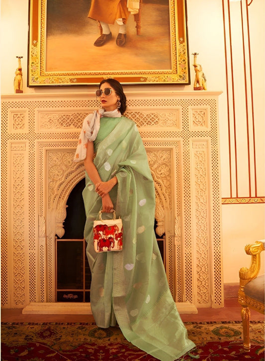 EKKTARA Saree For Women Emerald Green Tissue Zari Organza Weaving Saree