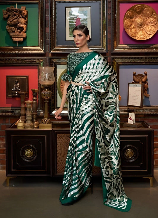 EKKTARA Saree For Women Green Strips Satin Silk Crepe Saree