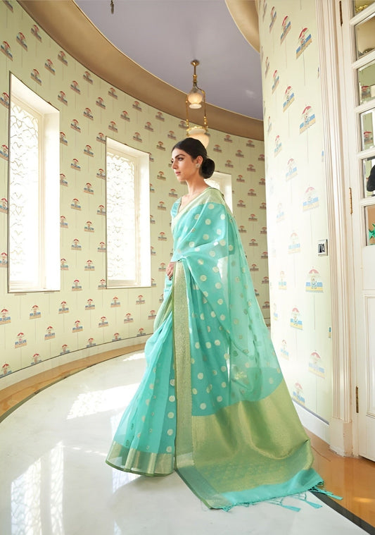 EKKTARA Saree For Women Sea Green Zari Woven Linen Silk Saree