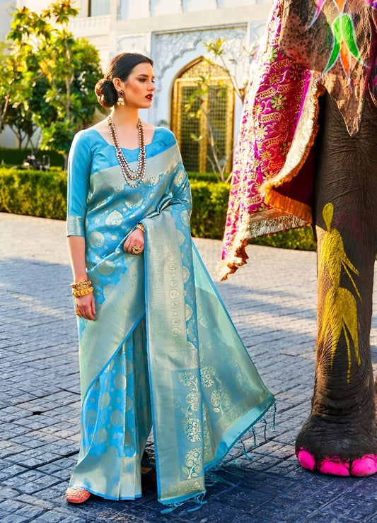 EKKTARA Saree For Women Marine Blue Colour Handloom Weaving Kanjivaram Saree With Unstitched Blouse