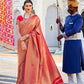 EKKTARA Saree For Women Sunny Red Colour Handloom Weaving Kanjivaram Saree With Unstitched Blouse
