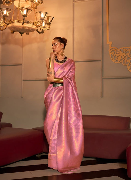 EKKTARA Saree For Women Blush Pink Two Tone Handloom Weaving Silk Saree