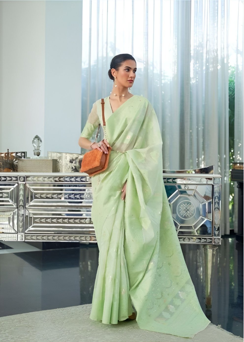 EKKTARA Saree For Women Mint Green Chikankari Lucknowi Weaving Saree