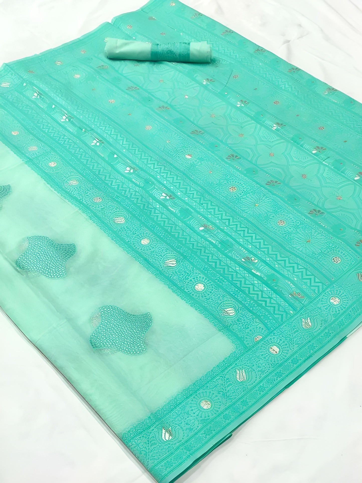 EKKTARA Saree For Women Celeste Turquoise Chikankari Lucknowi Weaving Saree