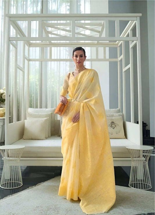 EKKTARA Saree For Women Light Yellow Chikankari Lucknowi Weaving Saree