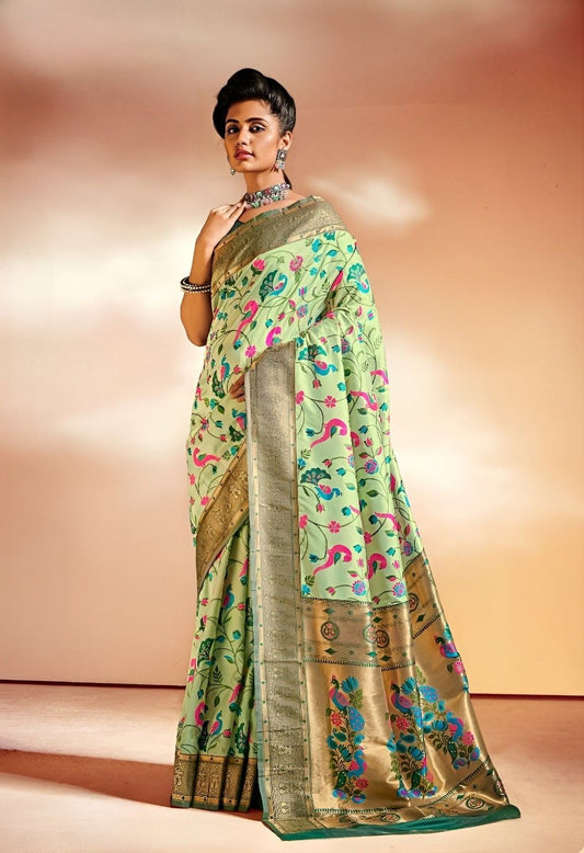 EKKTARA Saree For Women Pista Colour Pure Silk Paithani Saree