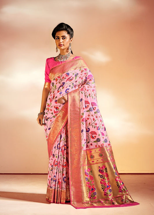 EKKTARA Saree For Women Light Pink Colour Pure Silk Paithani Saree