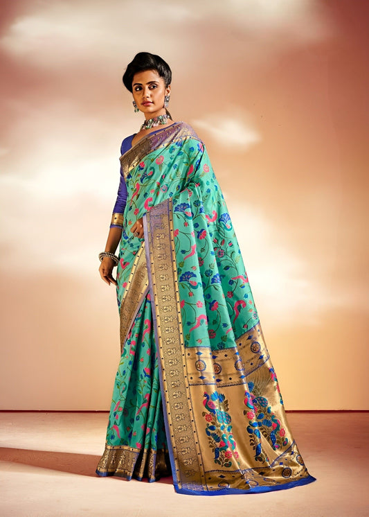 EKKTARA Saree For Women Turquoise Colour Pure Silk Paithani Saree