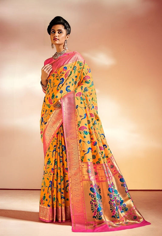 EKKTARA Saree For Women Yellow Colour Pure Silk Paithani Saree