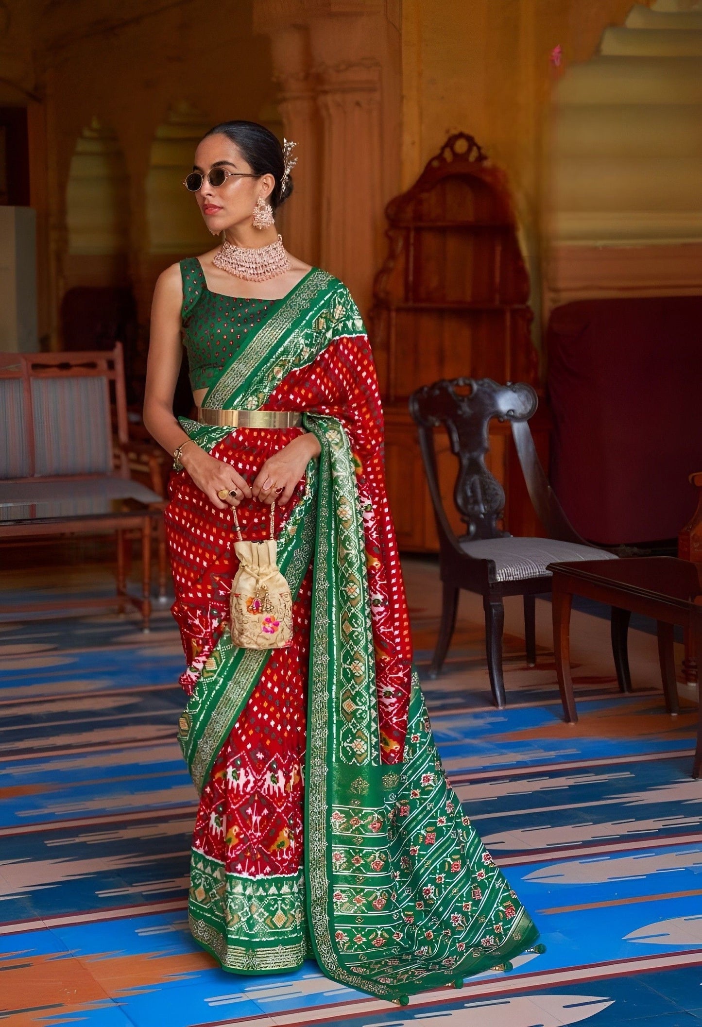 EKKTARA Saree For Women Red Colour Soft Silk Printed Patola Saree With Unstitched Blouse