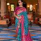 EKKTARA Saree For Women Turquoise Colour Soft Silk Printed Patola Saree With Unstitched Blouse