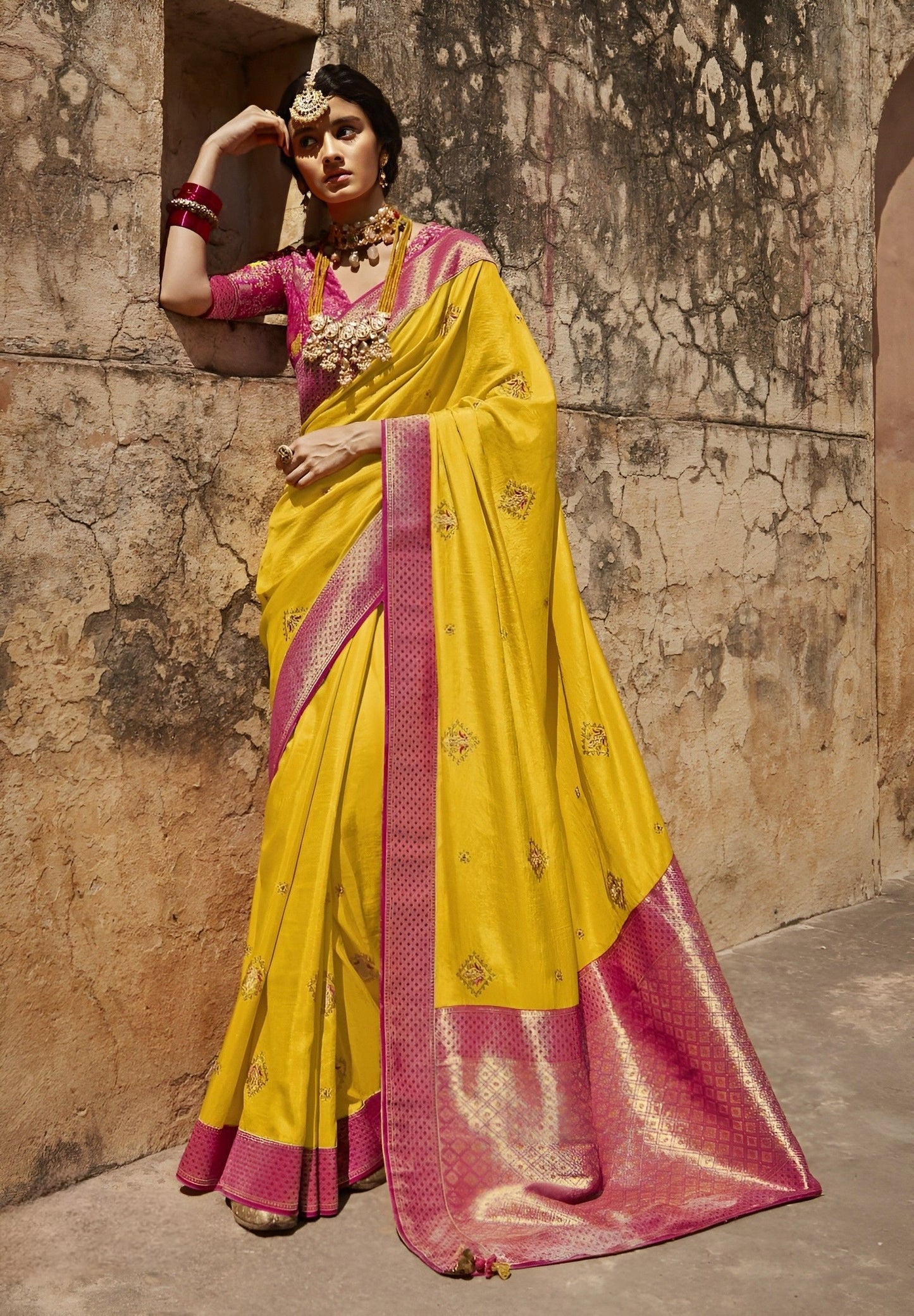 EKKTARA Saree For Women Celebration Yellow Designer Paithani Saree