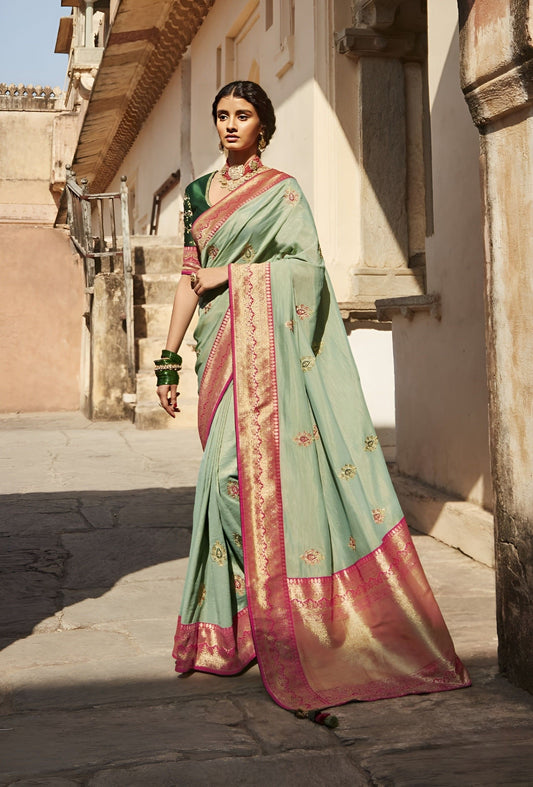 EKKTARA Saree For Women Light Olive Green Designer Paithani Saree