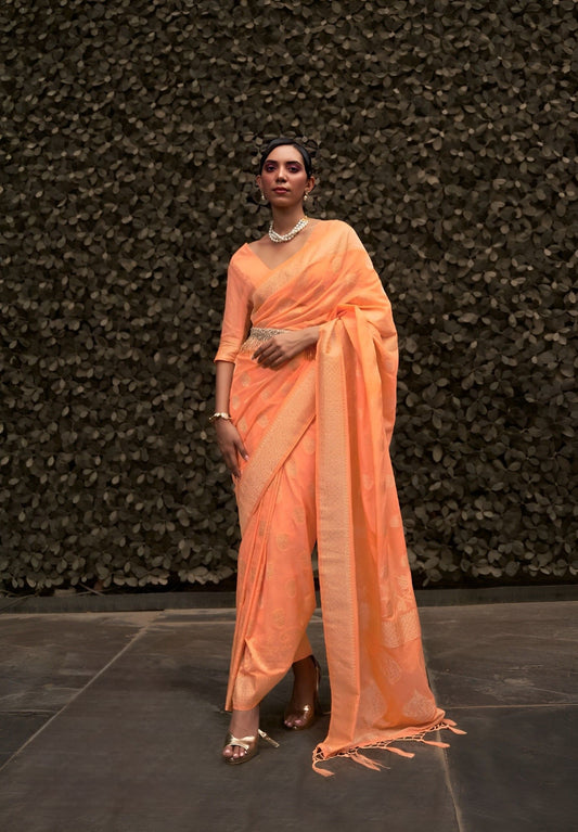 EKKTARA Saree For Women Orange Silk Two Tone Weaving Saree