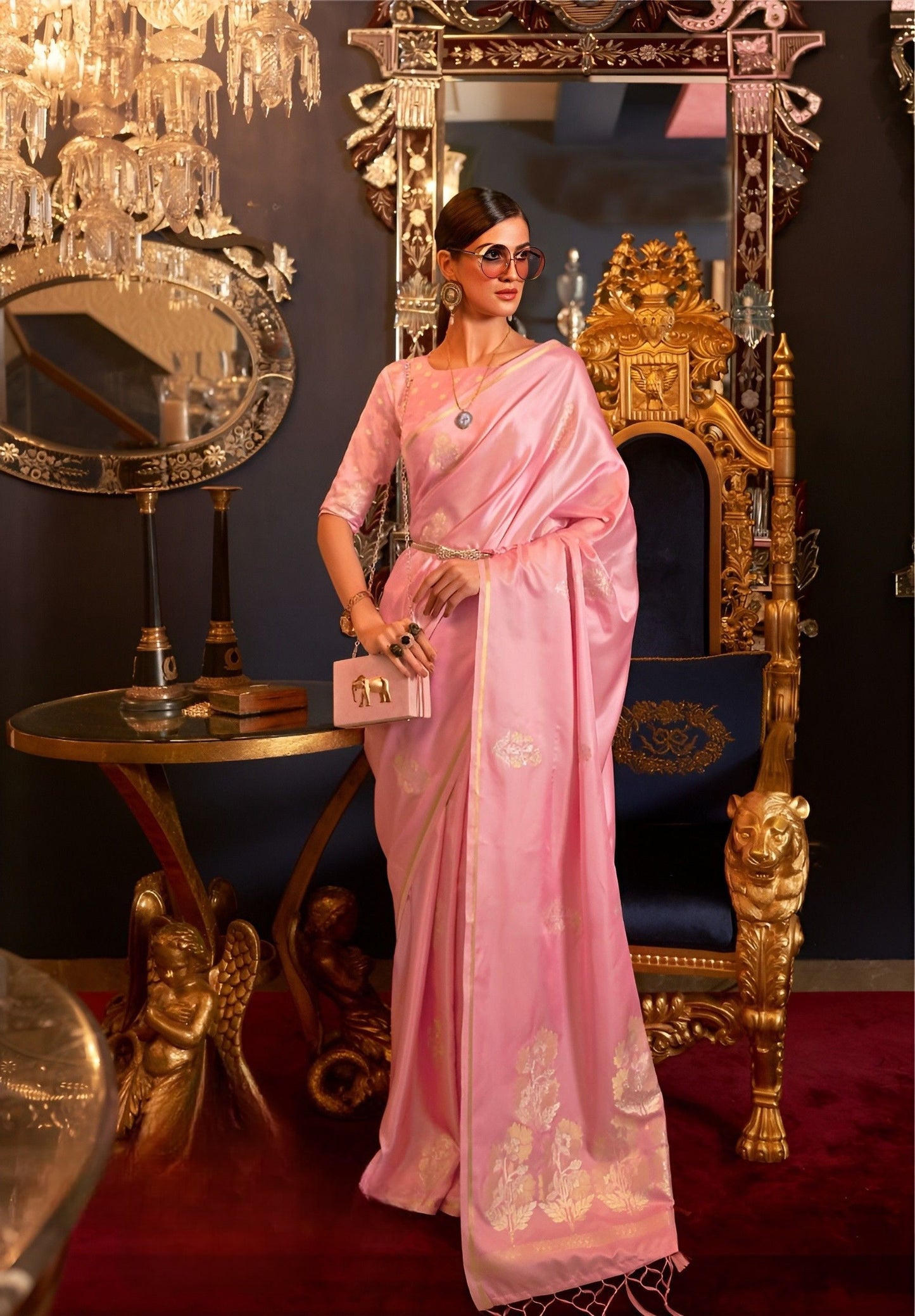 EKKTARA Saree For Women Light Blush Pink Colour Satin Silk Weaving Saree With Unstitched Blouse