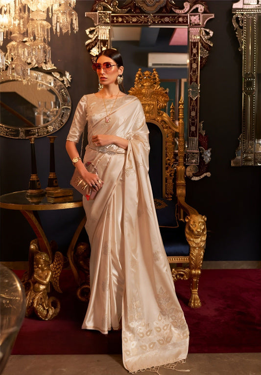 EKKTARA Saree For Women Light Golden Colour Satin Silk Weaving Saree With Unstitched Blouse
