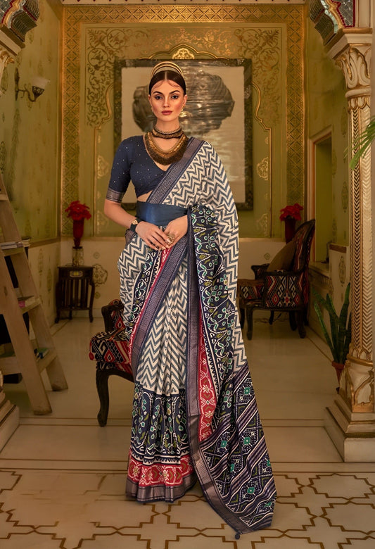 EKKTARA Saree For Women Indigo Colour Patola Silk Saree With Designer Border & Unstitched Blouse