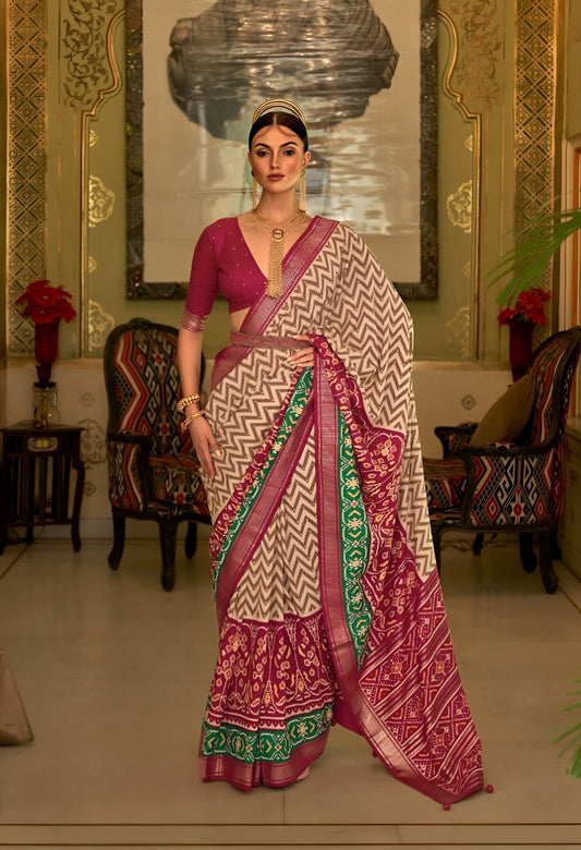 EKKTARA Saree For Women Beige Patola Silk Saree With Designer Border & Unstitched Blouse