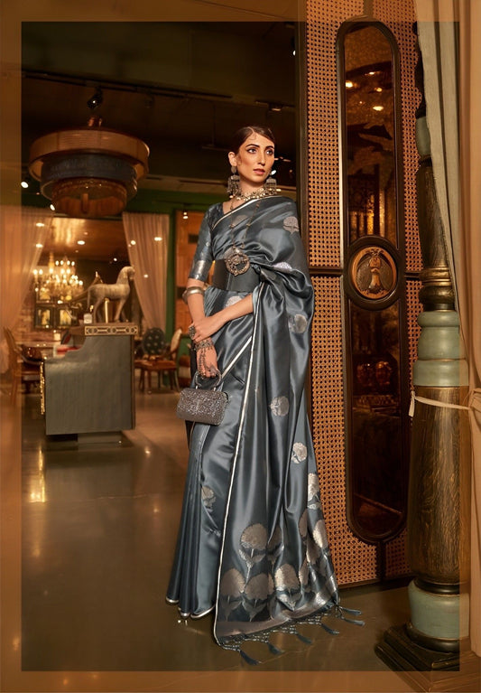EKKTARA Saree For Women Midnight Grey Satin Silk Handloom Weaving Saree