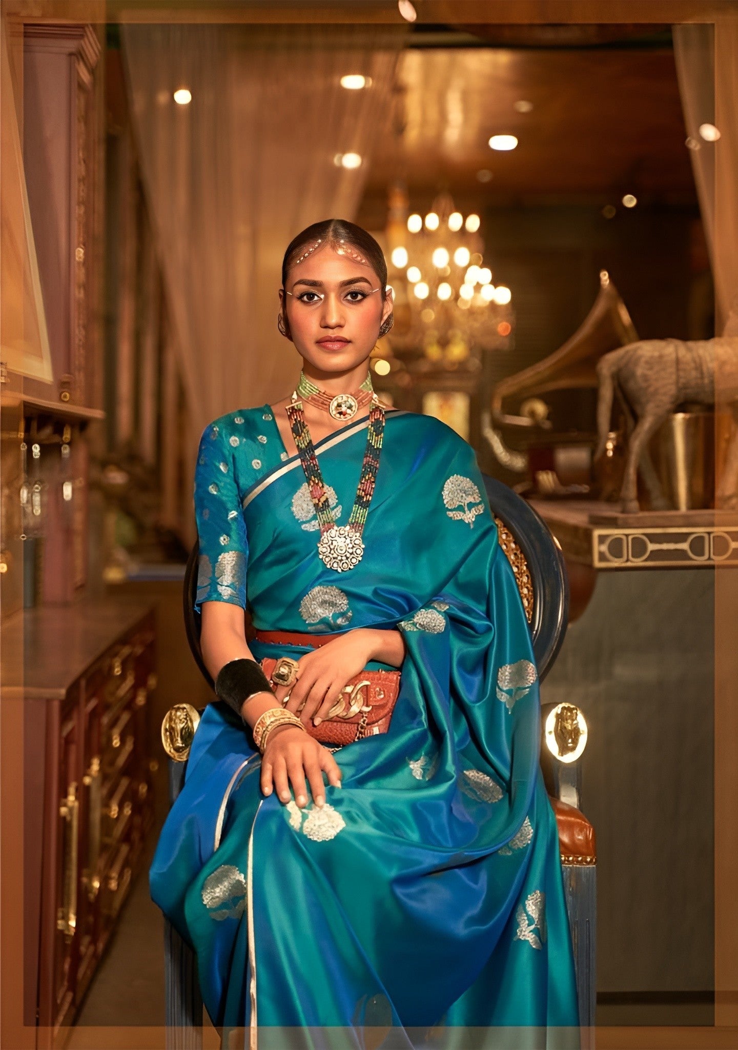 EKKTARA Saree For Women Azure Blue Satin Silk Handloom Weaving Saree