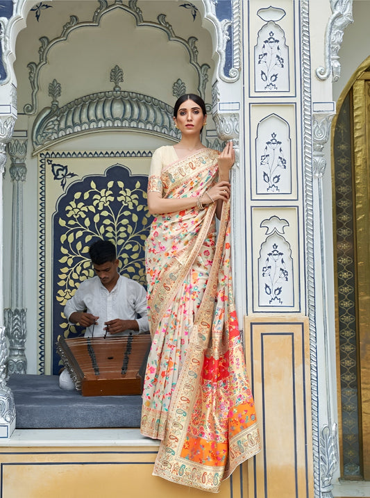 EKKTARA Saree For Women Gardenia Cream Colour Kashmiri Handloom Weaving Saree