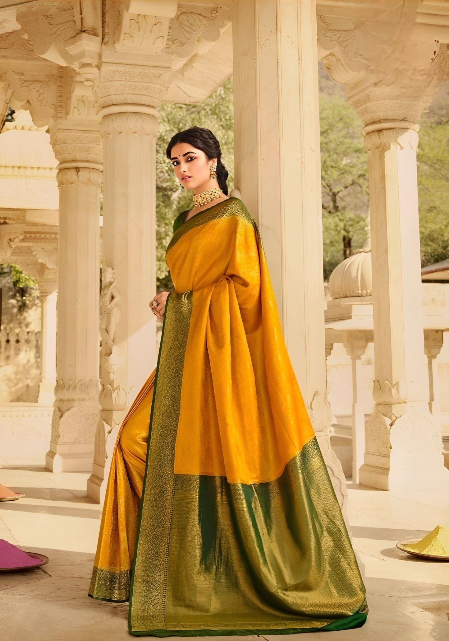 EKKTARA Saree For Women Golden Yellow Colour Banarasi Silk Zari Saree With Unstitched Blouse