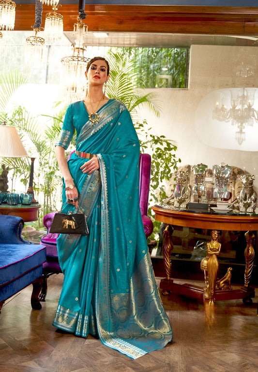 EKKTARA Saree For Women Ocean Blue Handloom Silk Weaving Saree