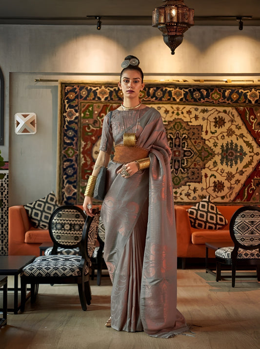 EKKTARA Saree For Women Silver Grey Handloom Zari Silk Weaving Saree