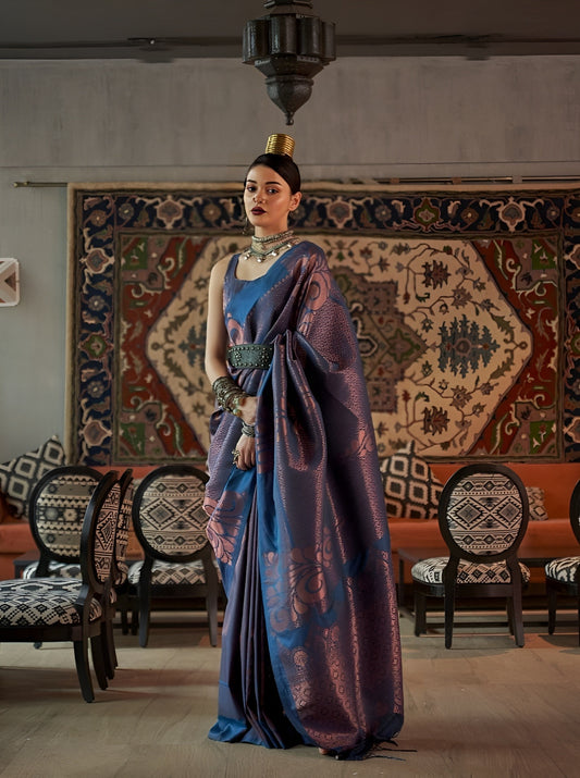 EKKTARA Saree For Women Blue Handloom Weaving Zari Silk Saree
