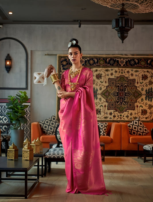 EKKTARA Saree For Women Pink Handloom Weaving Zari Silk Saree
