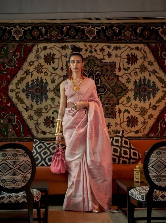 EKKTARA Saree For Women Crepe Pink Handloom Weaving Zari Silk Saree
