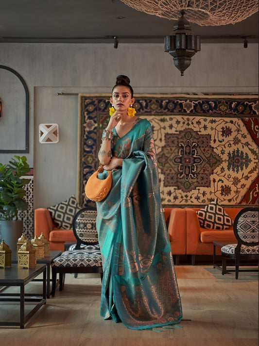 EKKTARA Saree For Women Ocean Blue Handloom Weaving Zari Silk Saree