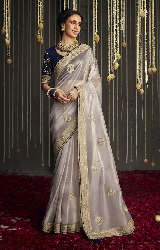 EKKTARA Saree For Women Silver Tissue Silk Designer Silk Saree