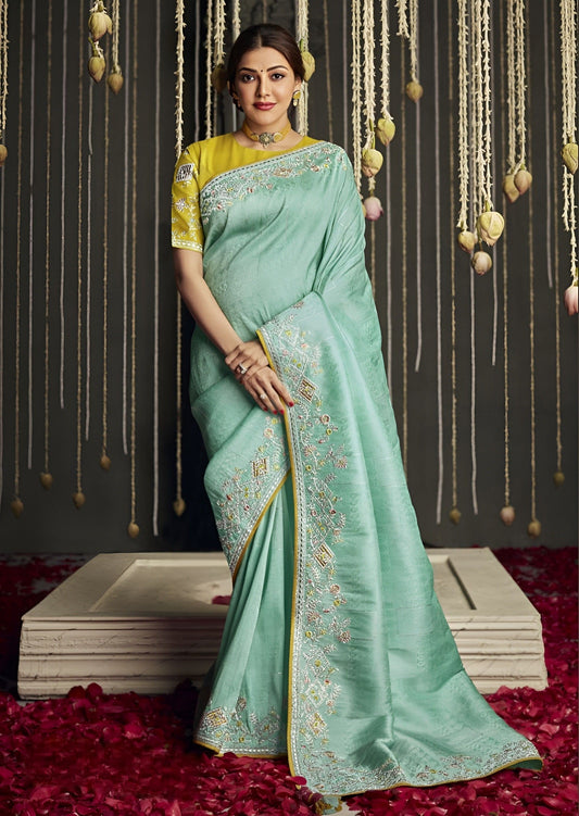 EKKTARA Saree For Women Mist Green Silk Designer Celebrity Saree